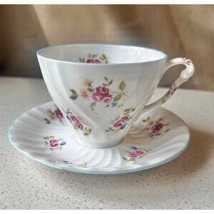 Queen Anne Floral Teacup & Saucer England Ribbed Multicolor Roses Bone China